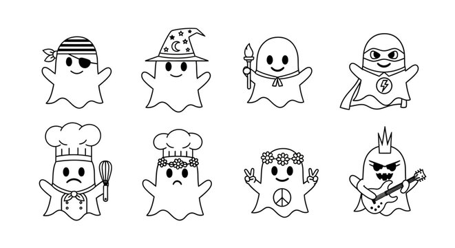 Variety of playful ghosts in various costumes for halloween and celebration events in vector art - Powered by Adobe