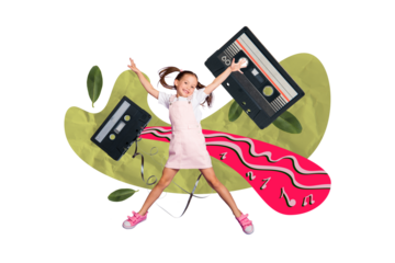 Composite collage image picture of mini girl jump audio cassette isolated on creative background