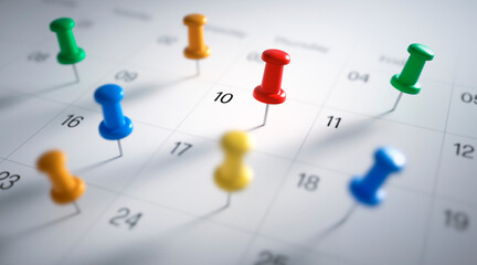 Thumbtack pins in calendar concept for busy, appointment and meeting reminder - 3D illustration