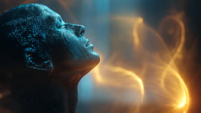 Futuristic figure experiences sound healing and tranquility in serene space with blue and gold light at 432 Hz