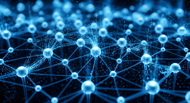 Modern network connecting data nodes, a futuristic vision for technology and science, perfect for explaining complex concepts, innovation and research in a modern way
