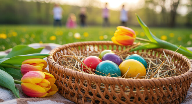 Colorful easter eggs in wicker basket with tulips on spring picnic blanket in sunny meadow, children blurred in background - Powered by Adobe