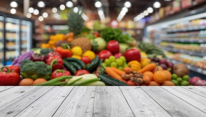 The evolution of nutritious eating. Culinary photography backdrop featuring assorted fruits and vegetables on a white wooden surface. Space for text about grocery shopping.