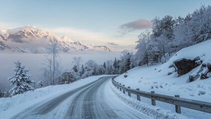 Fototapeta premium Frozen mountain pathway covered in snow and ice