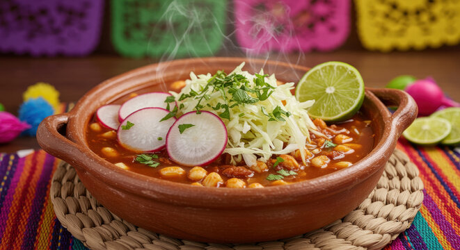 Traditional mexican pozole rojo soup served hot in a clay bowl with shredded cabbage, radish, lime, and vibrant table decor