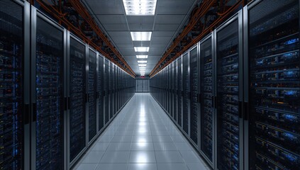 View of a hallway inside a data center filled with numerous high-performance servers and supercomputing units