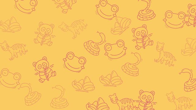 Cute Cartoon Animal Pattern Looping with Pandas Frogs Tigers Snakes Snails on Warm Orange Background