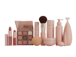 Professional 3D cosmetic product lineup including brushes, palette, and lotion bottles in monochromatic blush tones, isolated on transparent background