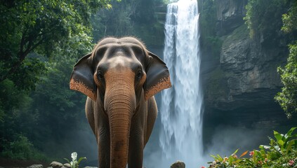 Elephant in a lush forest near a serene waterfall, highlighting the importance of wildlife preservation