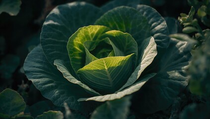 Obraz premium Green cabbage leaves in a natural garden setting
