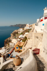 A stunning view of Oia, the famous cliffside town on Santorini island, Greece. 