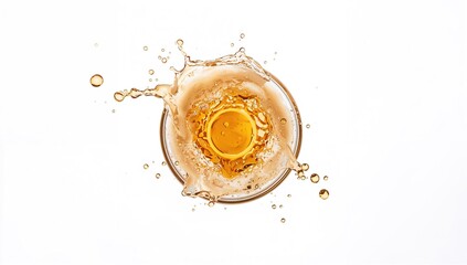 Beer splash captured from above, showcasing fluid dynamics, editorial header background