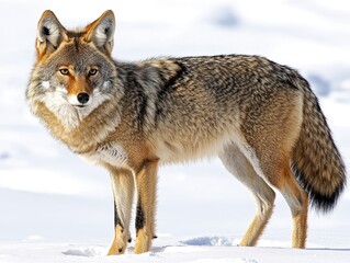 Fototapeta premium Coyote stands in snow, alert expression, focused gaze