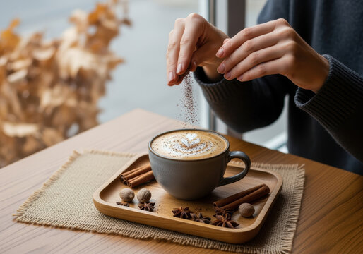 Woman adding cocoa powder on cinnamon latte with heart shaped foam art, cozy autumn setting, wooden table, natural lighting