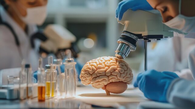 Scientists examining a brain model with a microscope in a lab.