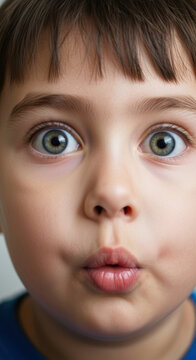 Surprised young boy with wide eyes and puckered lips displaying a playful facial expression in close up indoor portrait