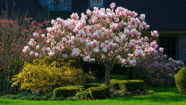 Blooming magnolia and forsythia brighten a charming rural garden with pink and yellow hues