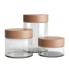 Set of three empty clear glass cosmetic jars and containers with brown lids for beauty product packaging isolated on transparent background