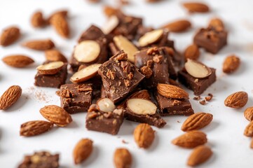 Obraz premium Almond-Studded Chocolate Chunks Against a White Backdrop