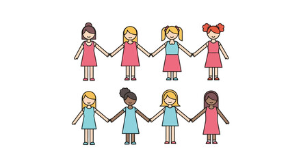 Diverse group of girls holding hands, depicting unity and friendship in childhood simplicity and