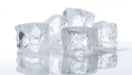 Obraz premium Clear natural ice cubes melting on a white reflective surface