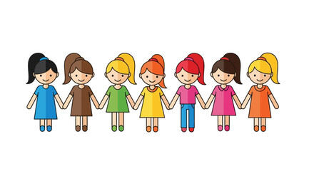 Cartoon girls holding hands together representing friendship and unity in a colorful line