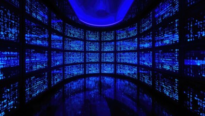 Immersive digital environment showcasing streams of numerical data on surrounding screens. Abstract virtual experience in blue tones.
