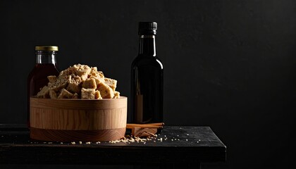 Rustic Still Life Composition of Croutons Oil Bottles and Textured Table in Dramatic Lighting