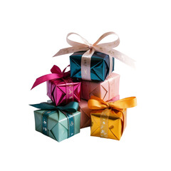 Stack of colorful luxury gift boxes wrapped in metallic paper and tied with elegant bows, isolated on transparent background