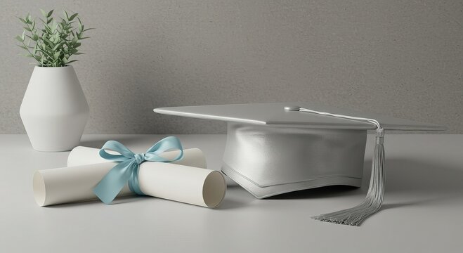 Graduation cap and rolled diplomas with ribbon, representing academic achievement and educational success