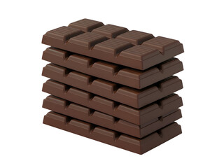 Stack of five decadent dark chocolate bars segmented into squares, symbolizing sweet confectionery and dessert isolated on transparent background