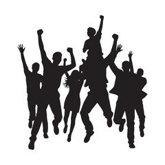 Wide Panoramic Crowd Silhouette Celebrating with Raised Arms and Joyful Dynamic Poses Vector Illustration.