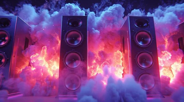 Powerful sound system with speakers in fire and colorful smoke