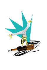 Template sketch trend artwork 3D photo collage of miniature young guy dance breakdance style hip hop party music microphone song sing