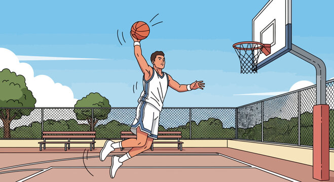 Illustration of a basketball player making a slam dunk on a court with a nature view, concept for sports promotion, athletic event advertising and fitness campaign visuals - Powered by Adobe