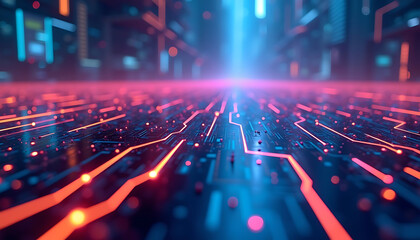 Abstract digital landscape with glowing lines, vibrant colors, futuristic network connections, and data flow visualization. Cyberpunk style.