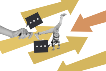 Exclusive sketch collage of anonym girl do handstand arrow pointer development chatterbox icon communication speech bubble