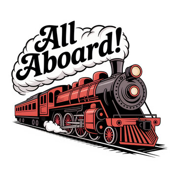 Vintage train design with bold lettering, All Aboard