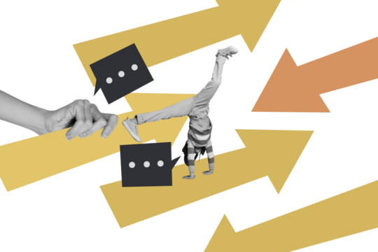 Exclusive sketch collage of anonym girl do handstand arrow pointer development chatterbox icon communication speech bubble - Powered by Adobe