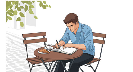 Young man writing in a notebook with croissant and coffee at a cafe table with tree leaves, concept for journal keeping, creative writing and personal development