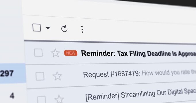 Incoming email with title "Tax Filing Deadline Is Approaching Soon", new e-mail with tax reminder, service renewal, webmail interface close up footage