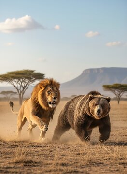 Lion chasing a bear in dry savanna landscape