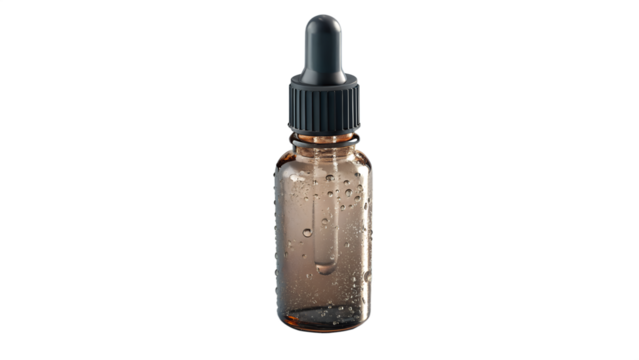 Small glass dropper bottle with rubber top, isolated transparent background, slight light reflection.