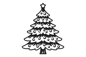 PrintBlack and white Christmas tree illustration, festive holiday decoration, stylized pine tree, star topper, round ornaments, seasonal artwork, winter celebration
