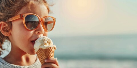 Close up child girl in sunglasses eating ice cream on the beach. Summer holidays.