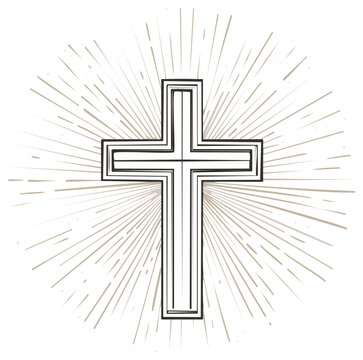Hand drawn Christian cross with sunburst rays spiritual religious symbol