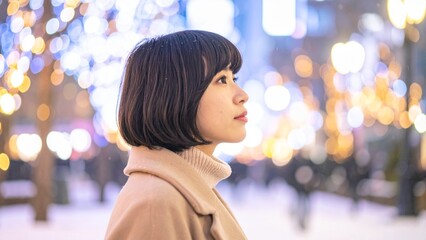 Obraz premium 雪の中に立って空を見上げる若い日本人女性