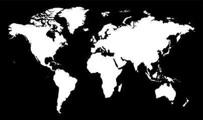 A minimalist world map with white continents on a dark background. This vector map features a modern graphic design that combines simplicity and information.