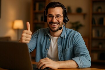 satisfied customer giving thumbs up while on a support call, warm atmosphere, shallow depth of field