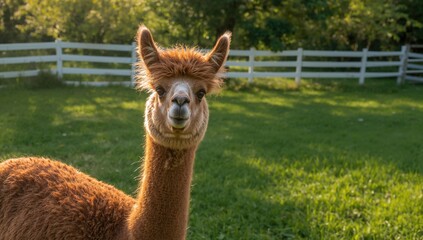 Obraz premium A charming brown and white alpaca pauses in a grassy enclosure on a farm, bathed in gentle golden sunlight